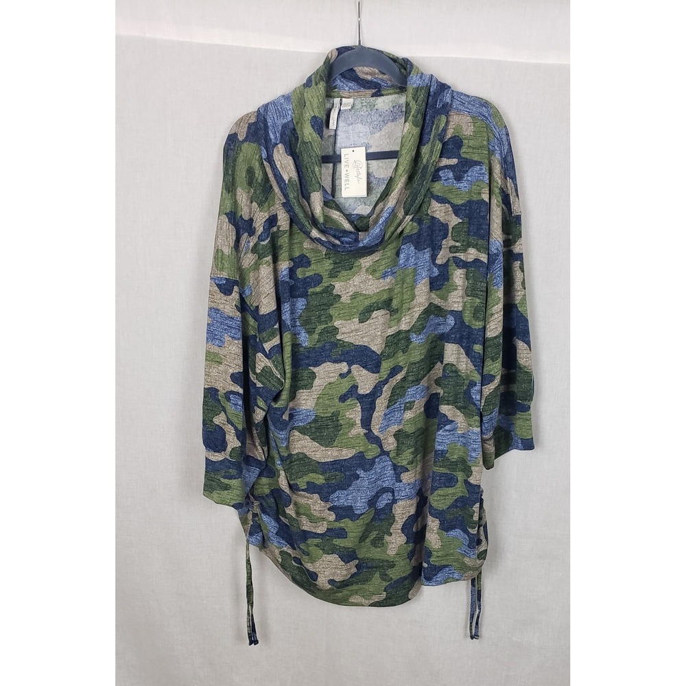 Live Well Lifestyle Women Camo Cowl Neck Tie Sleeve Tunic Top Plus 26 28 Casual‎
